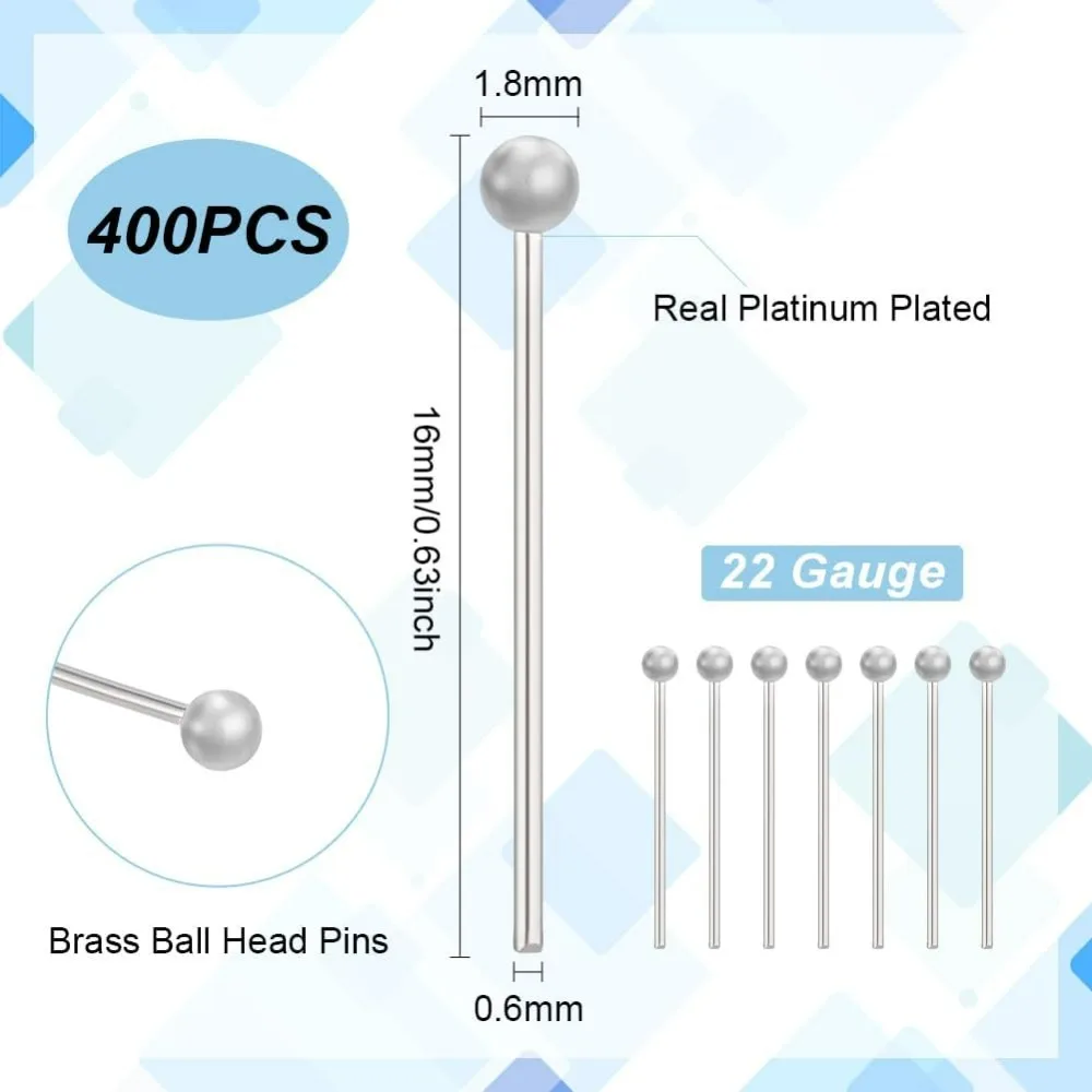 400PCS Platinum Ball Head Pins 22 Gauge/0.6mm Brass Satin Pins 0.6 Inch/16mm End Headpins Straight Head Pins for Pendant