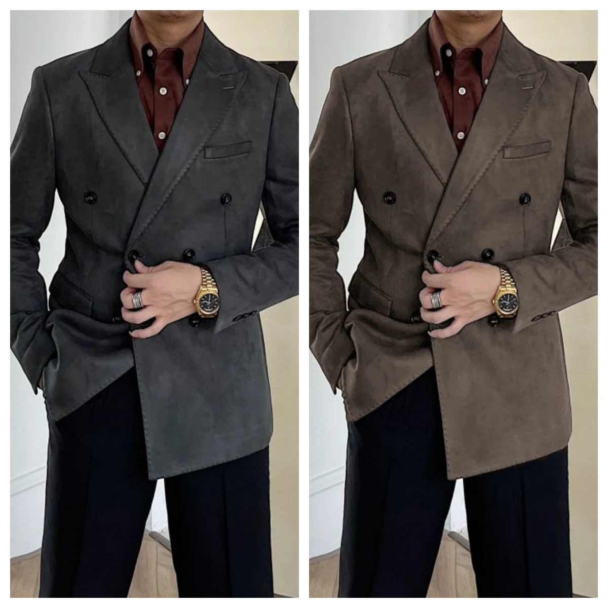 

Double-Breasted Suit Men's Jacket Thick style for spring Autumn Brown Textured Men's Formal Wear Business Fashion Everyday Wear