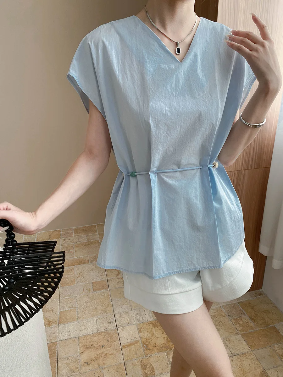 

Летняя женская повседневная однотонная свободная рубашка с v-образным вырезом