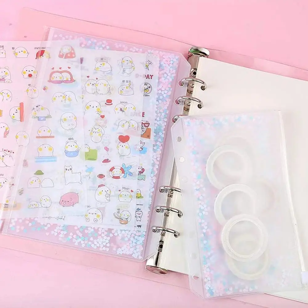 

Creativity File Storage Bag Zipper Glitter Sequins PVC Standard 6 Hole Inner Pocket File Holder A5/A6 Binder Storage Pouch