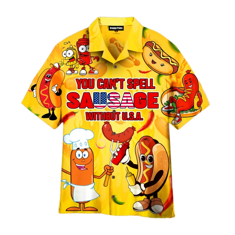 Funny Food Sausage Shirts For Men 3D Print Hot Dog Summer Hawaiian Beach Camisa Casual Short Sleeve Lapel Blouse Tops Clothing