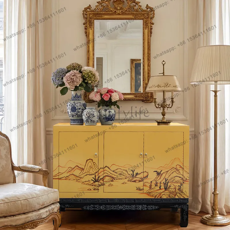 FG new Chinese landscape painting dining side cabinet living room solid wood storage decoration