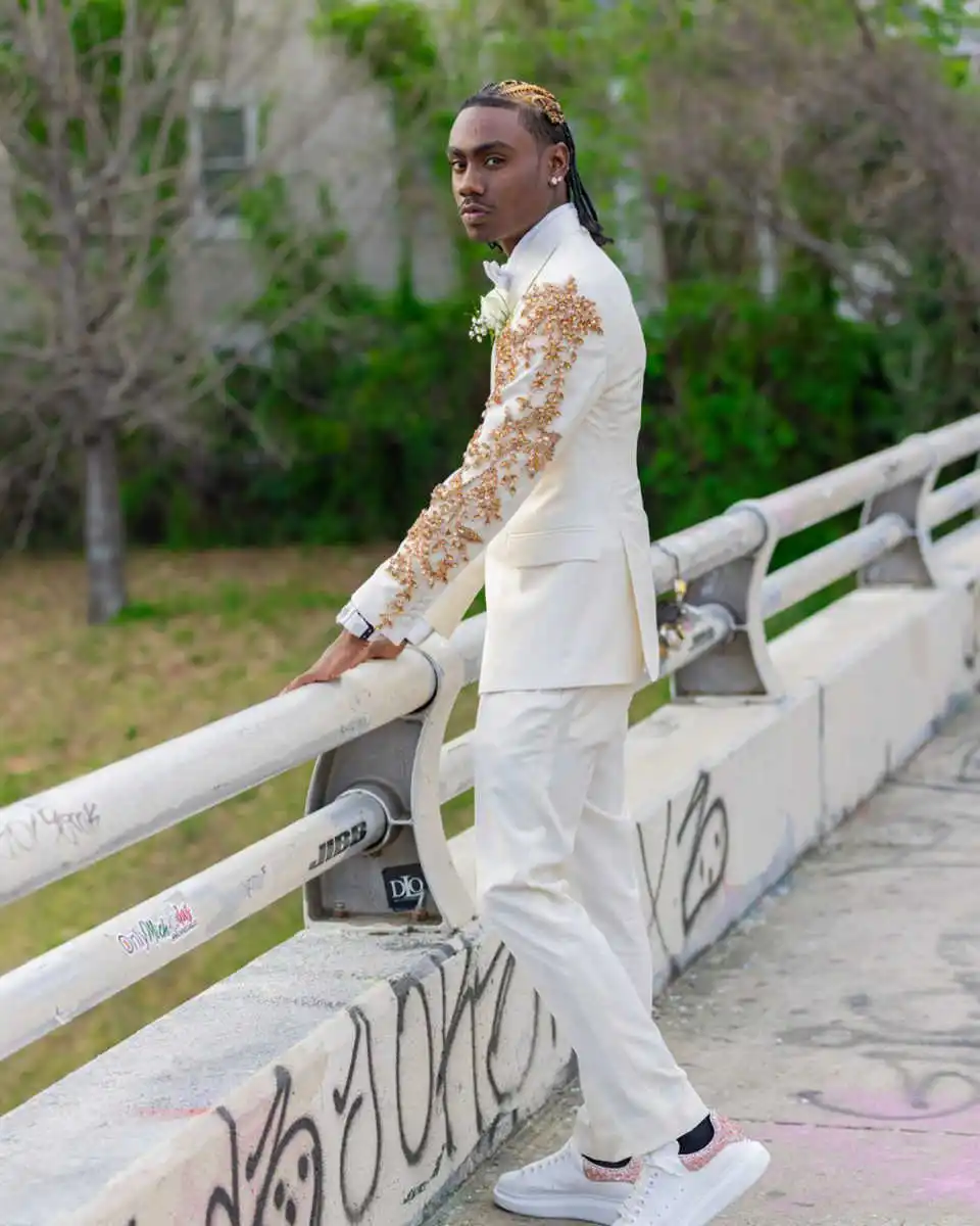 Tuxedos de marié de mariage formel, perles dorées, costumes en cristal pour hommes, 2 pièces, blazer de bal de fête, Costume personnalisé