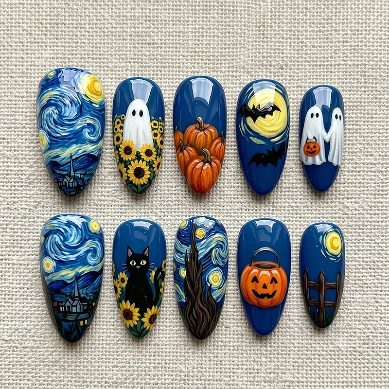 10Pcs French Style Almond Shape Halloween Atmosphere Press on Nails Phantom Gilded Nails False Dark Green Skull Nail Stickers