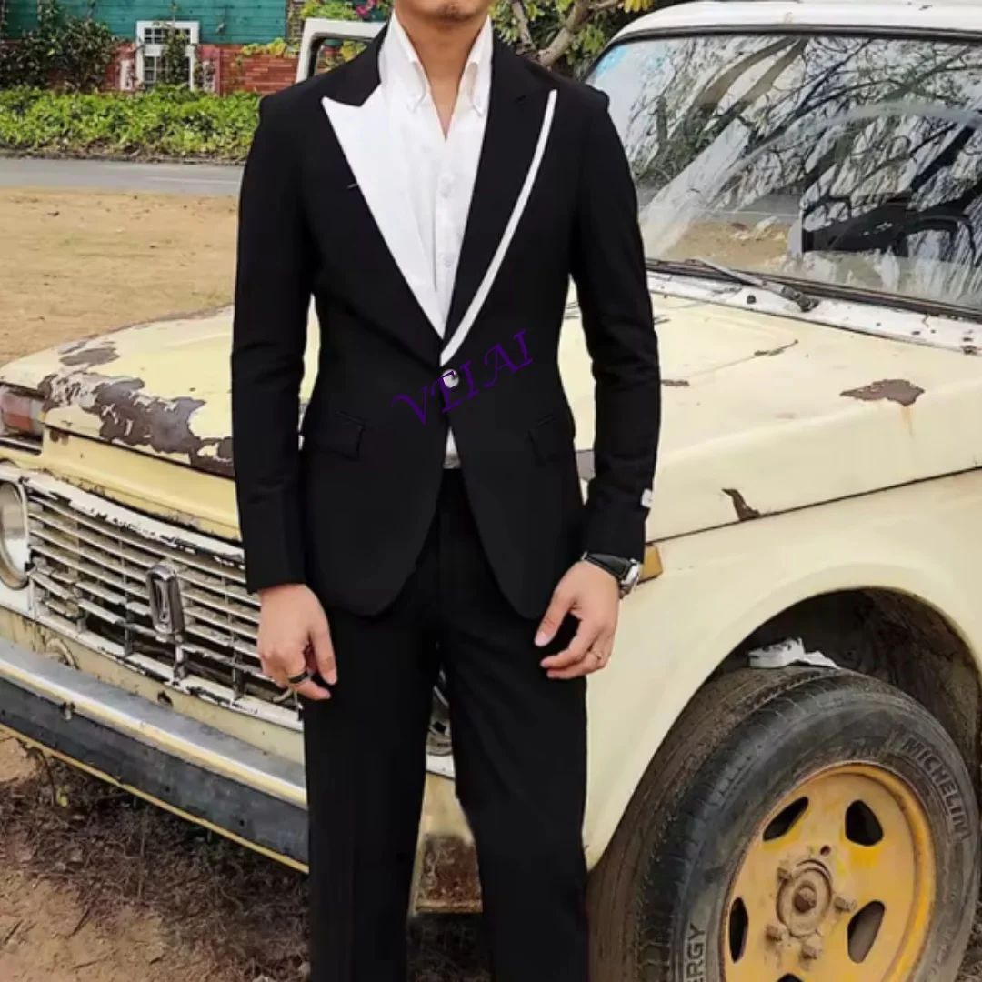 

CustomizedCasual Men Suits With Black Pants For Club Party British Style Wedding Tuxedo 2 Piece Groom Male Fashion Jacket