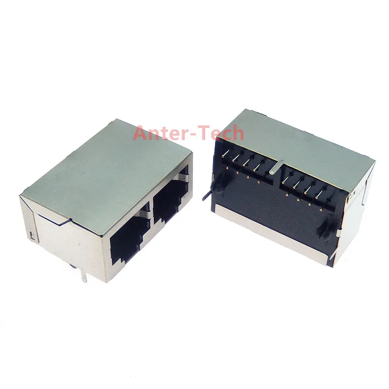 1Pcs 1*2 RJ45 Metal 8 Pin Female PCB Right Angle Board Jack Connector 8P8C Crystal Head Socket 1x2 21mm Network Interface