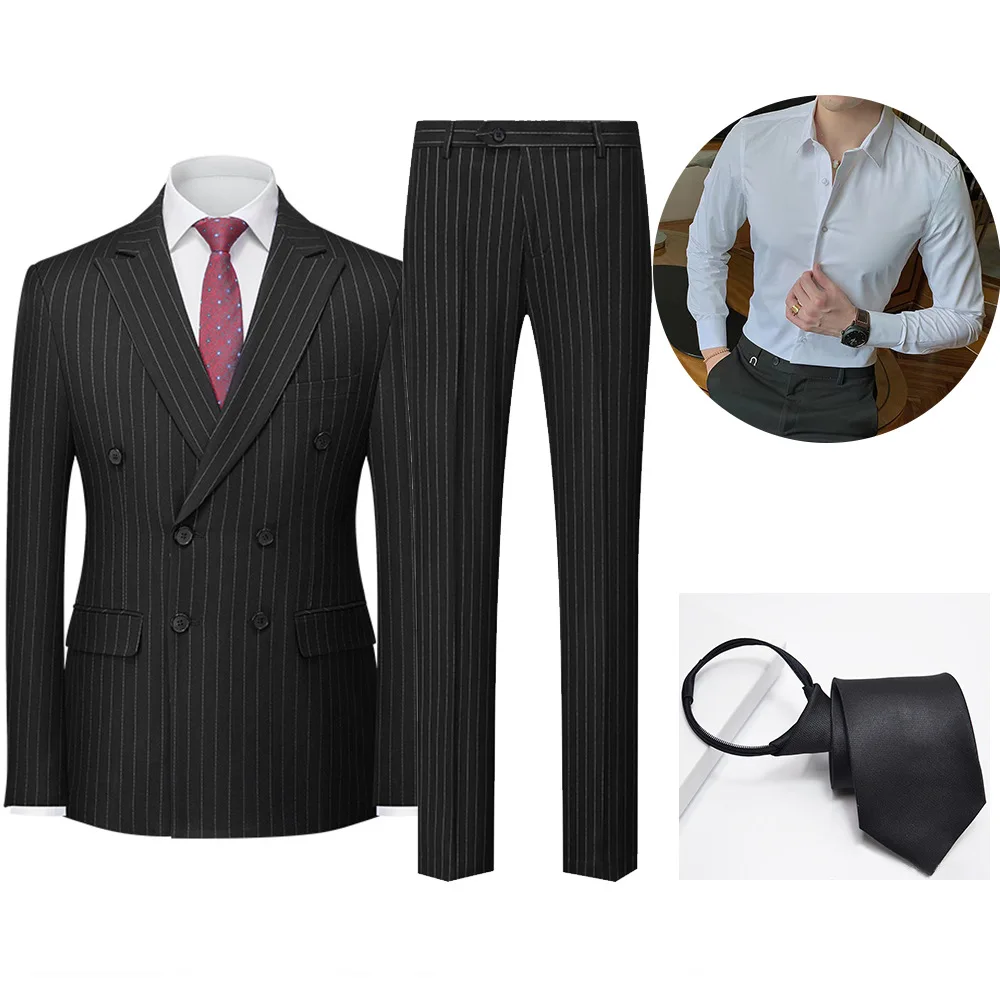 

Man Suit Double-breasted Long Sleeve Black Tie Blazer Men Solid Color Shirt Straight-leg Pant Male Striped Slim Three-piece Sets