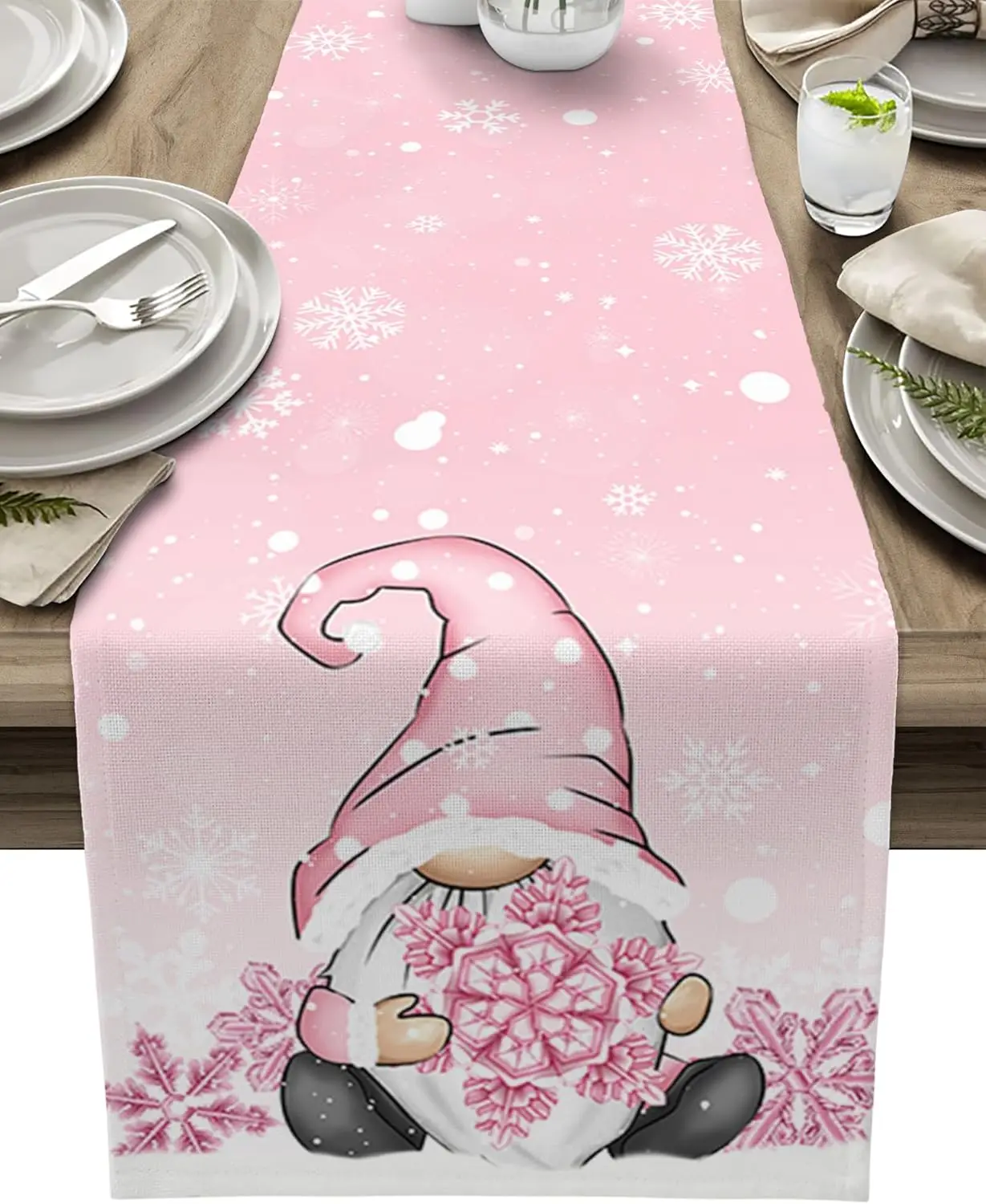 Christmas Pink Gnome Snowflake Linen Table Runner Party Decor Winter Xmas Kitchen Dining Table Runner Christmas Decorations