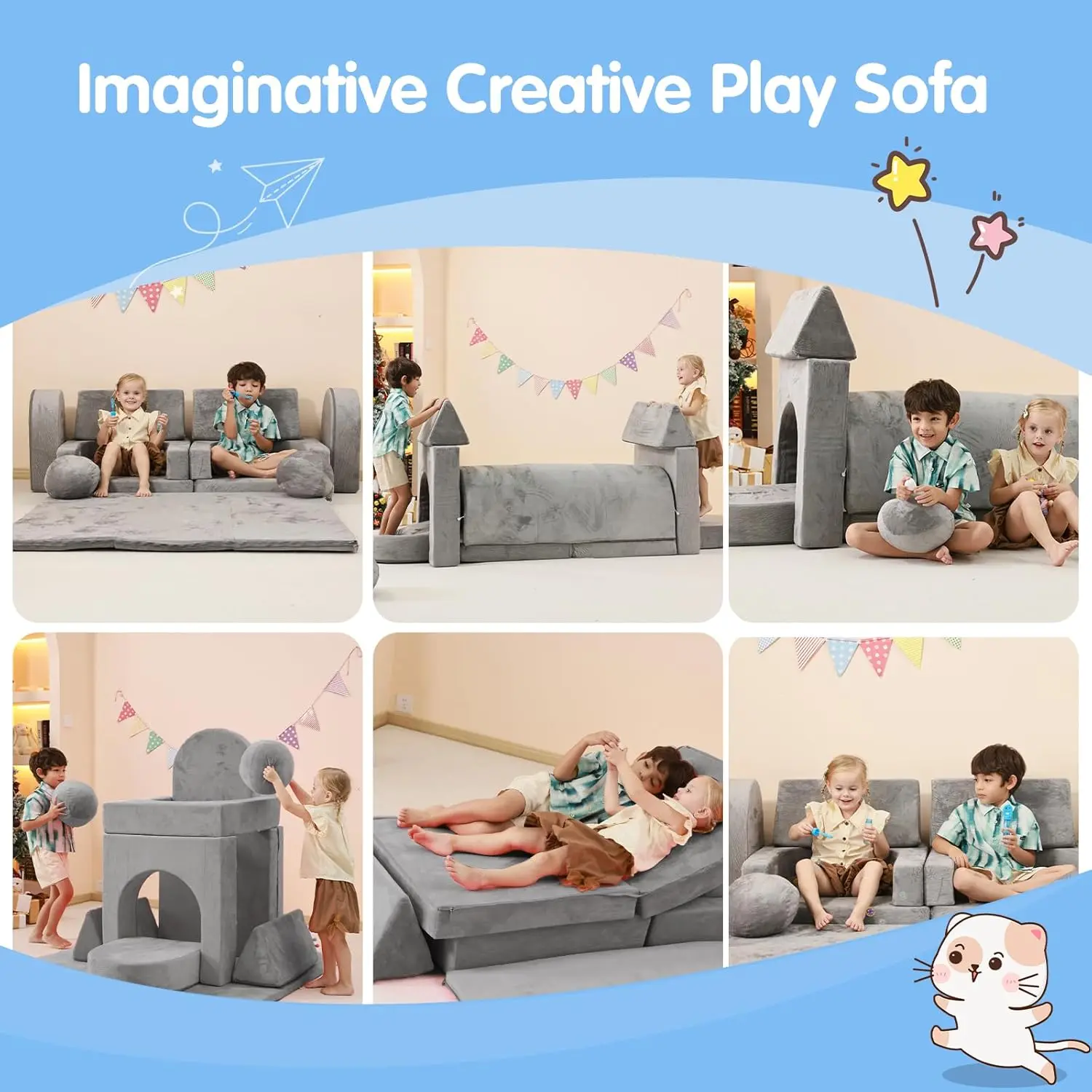 Niños con alfombrilla grande para gatear, sofá de juego modular, túnel convertible para niños y niñas o mascotas, sofá para niños inspirador Vers