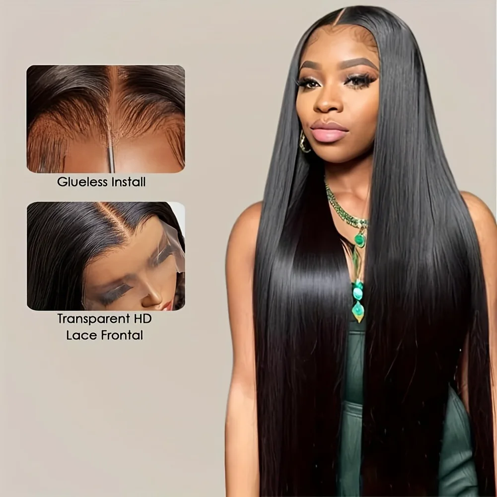 13x4 Lace Front Wig Human Hair 200% Density Straight Pre-Plucked HD Transparent Lace Frontal Wig with Natural Black Color