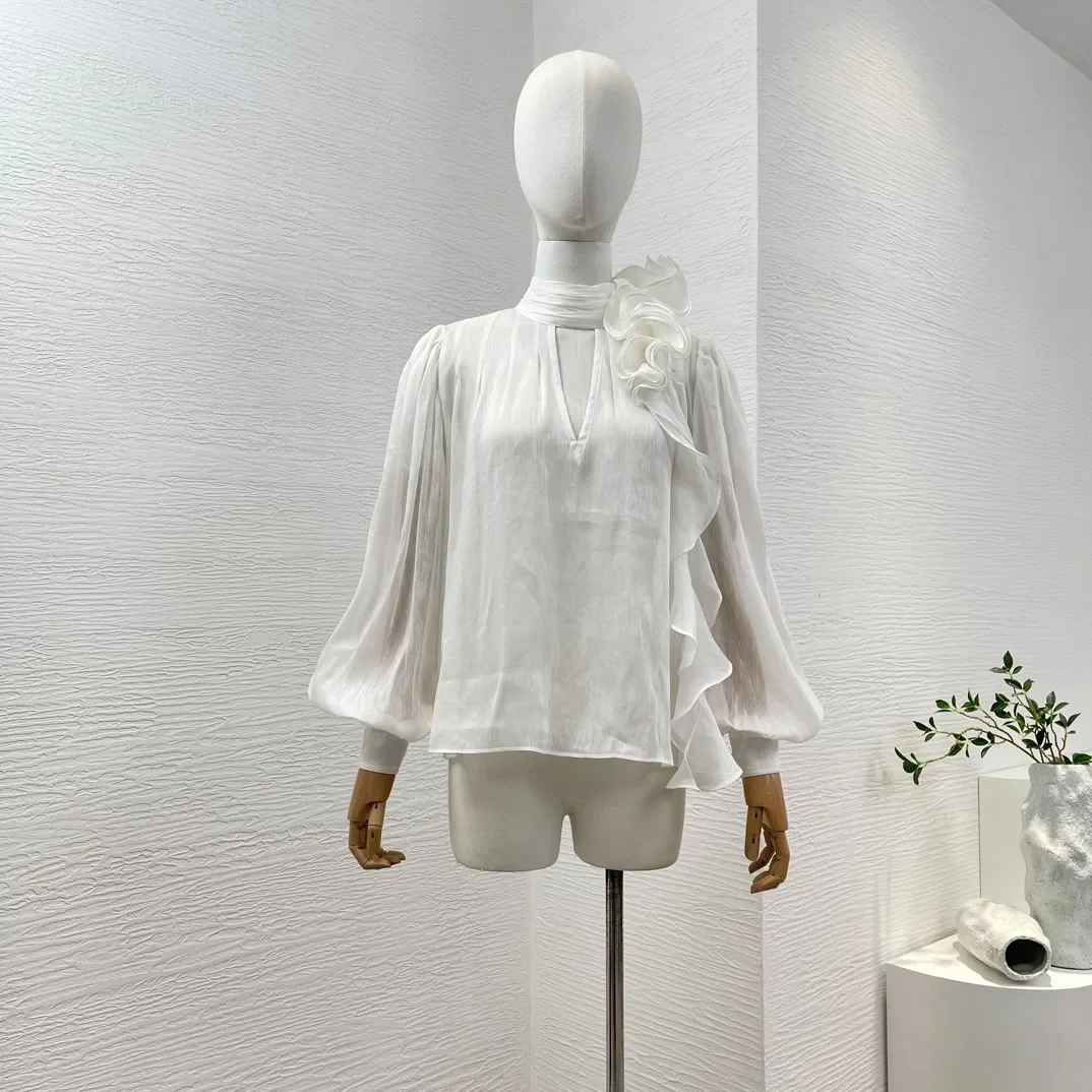 

Linen Silk 2024 New Women Fashion Clothing White Long Sleeve Flowers Appliqued Ruffle Turtleneck Blouse Tops