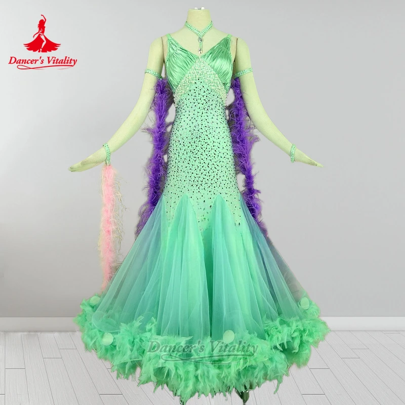فستان قياسي للرقص الاجتماعي بحاشية سفلية بدون ظهر فستان راقي مخصص للنساء الفالس فوكستروت رشيق الملبس حيوية الراقصة