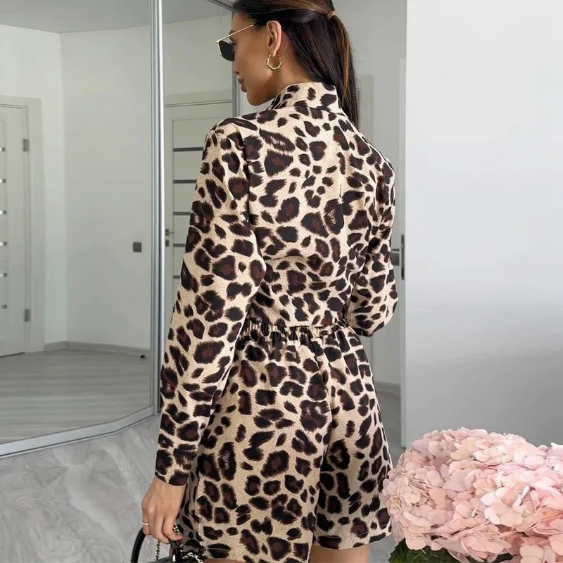 Autumn New Leopard Print Short Two Piece Set Women 2024 Summer Commuting Sets Long Sleeves Shirts Shorts 2 Piece Suit Streetwear