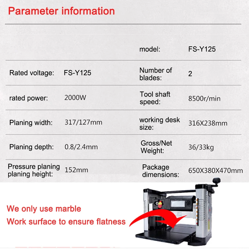 Planer Flat Planer Woodworking 2000W Small Power Tool Desktop Planer Woodworking Machinery