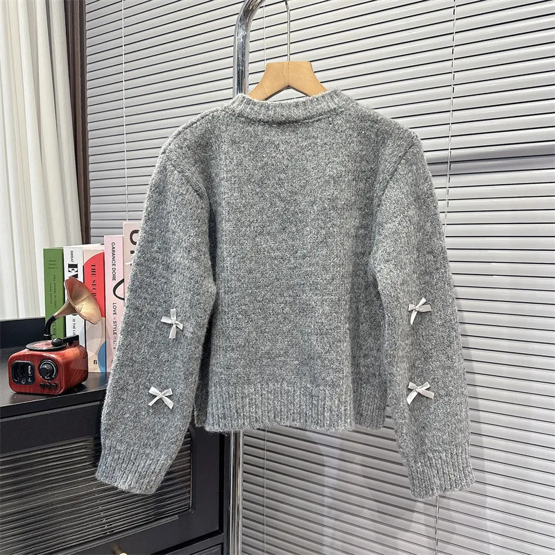 2024 Women Autumn Knitted Bowtie Design Cardigans Sweater Coat Single Button Long Sleeve Women Gray Sweater Tops Style Coat