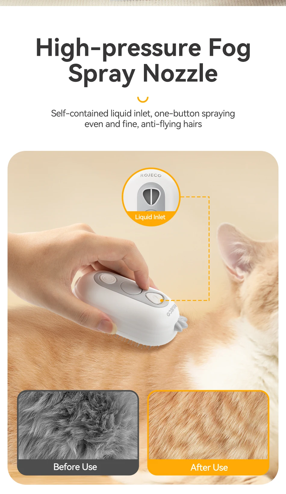 Rojeco Katze Dampf bürste Tierhaar Kamm elektrische Sprüh gerät Katzen haar bürsten für Massage drahtlose Katze Hund Haar bürste Pflege zubehör – Detail 5