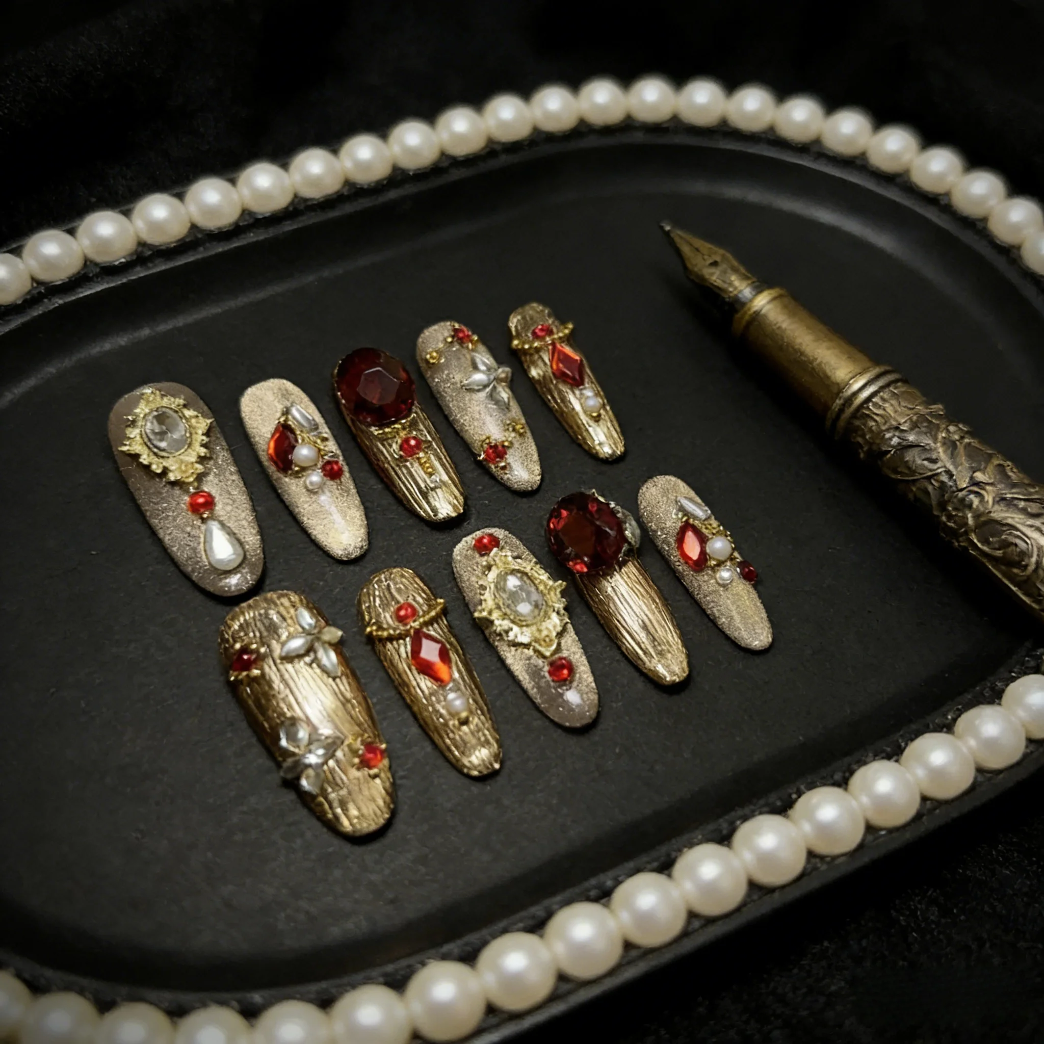 10pcs Gold Cat's Eye Handmade Nails Elaborate Red Rhinestone Press on Nail Long Almond Fake Nail for Women&Girl False Nail