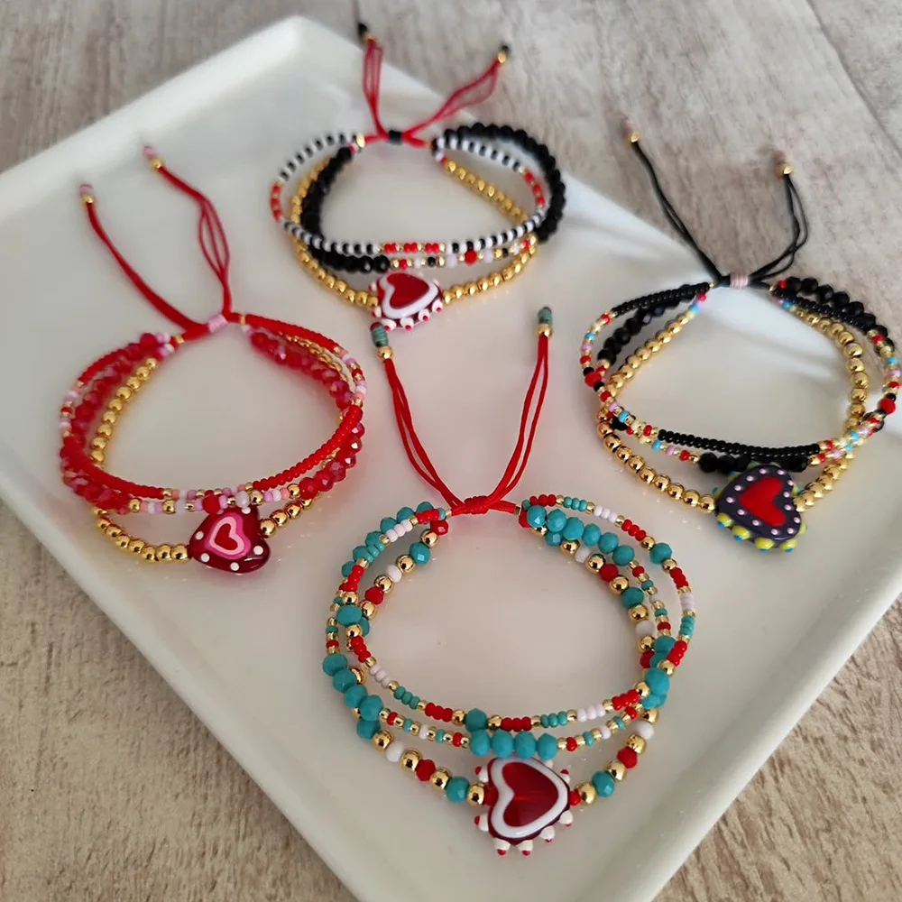 ZGMXR Rice bead bracelet Multiple layers Heart Crystal Pattern Bohemia Hand-woven Adjustable Fashion Simple Beaded bracelet