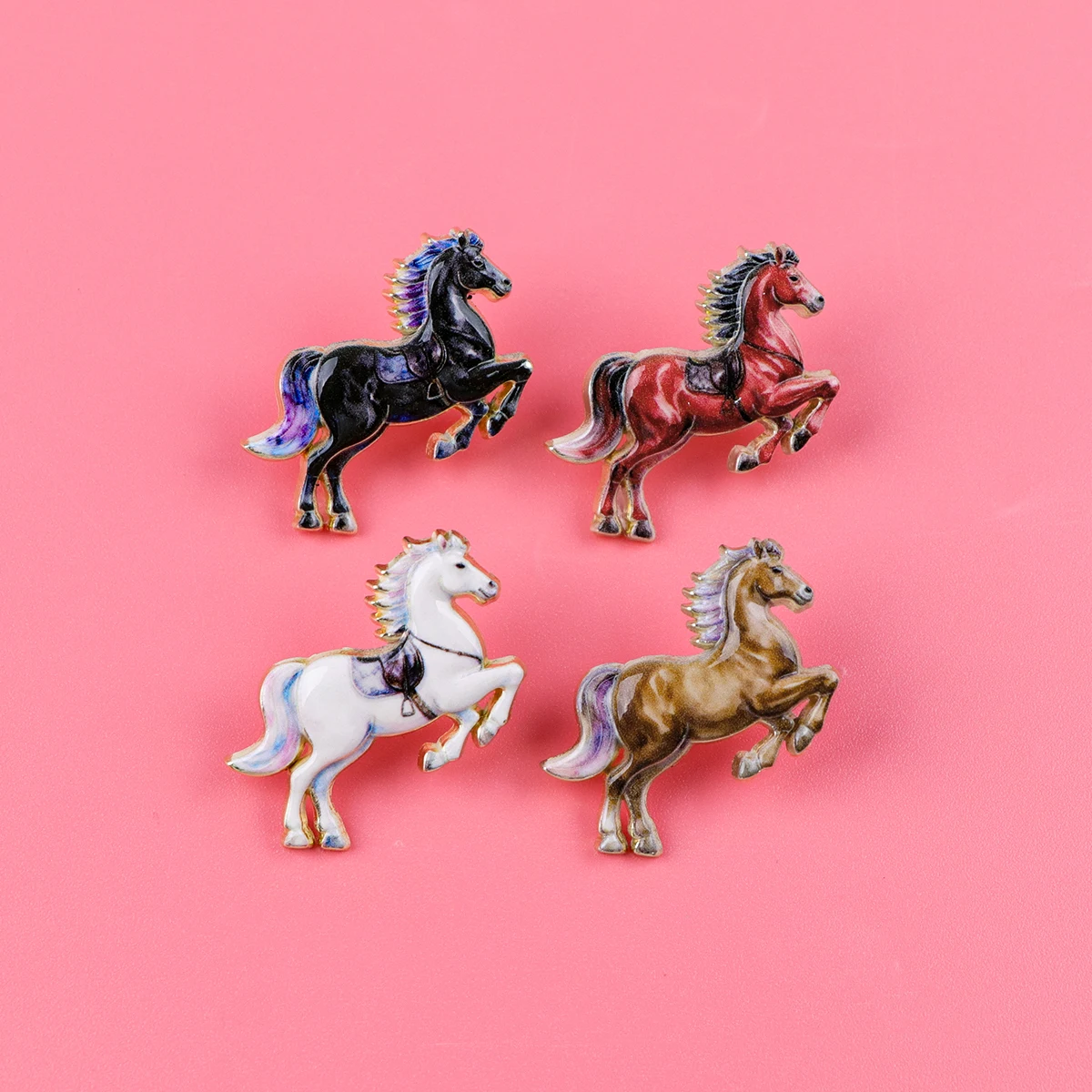 4pcs Cute Creative Cartoon Horse Brooches For Women Colorful Animal Enamel Pin Metal Badge Jewelry Clothing Accessories Gift