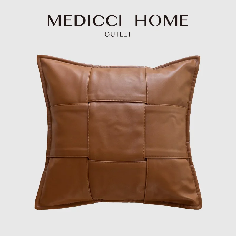 Medicci Home Spain Import Faux Leather Woven Cushion Cover H Style Orange Modern And Sustainable Pillowcase For Living Room Sofa
