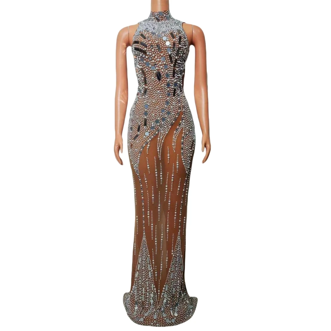 

Sparkly Sequined Beaded Rhinestone Long Dress For Women Birthday Party Club Night Queen Outfit Sexy Sleeveless Clubbing Show