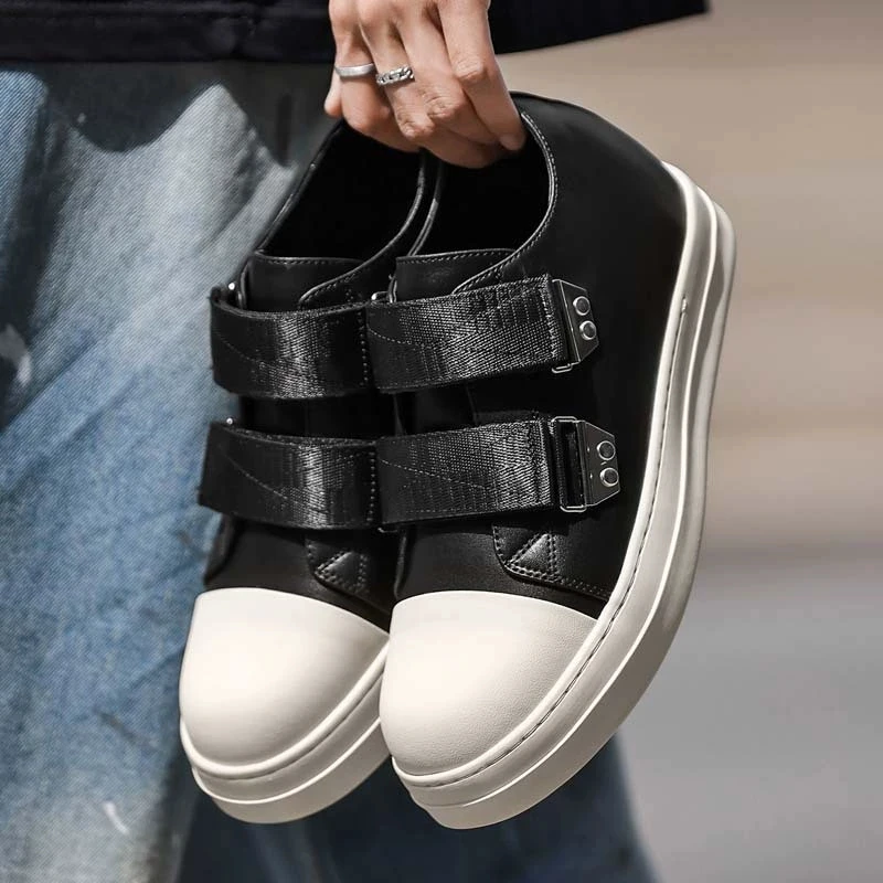 New Platform Sneakers For Men Women Black Leather Hook & Loop Strap Casual Shoes Thick Sole Fashion Sneakers For Couples