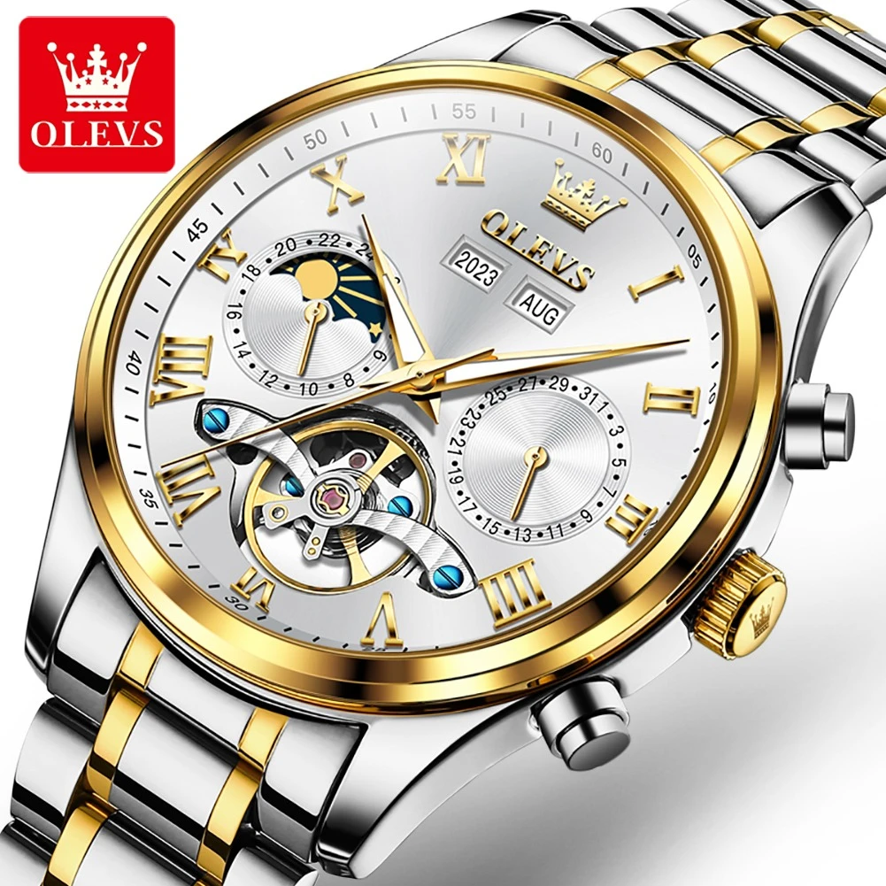 

OLEVS 7005 Fashion Mechanical Watch Gift Round-dial Stainless Steel Watchband Month Display Week Display Calendar