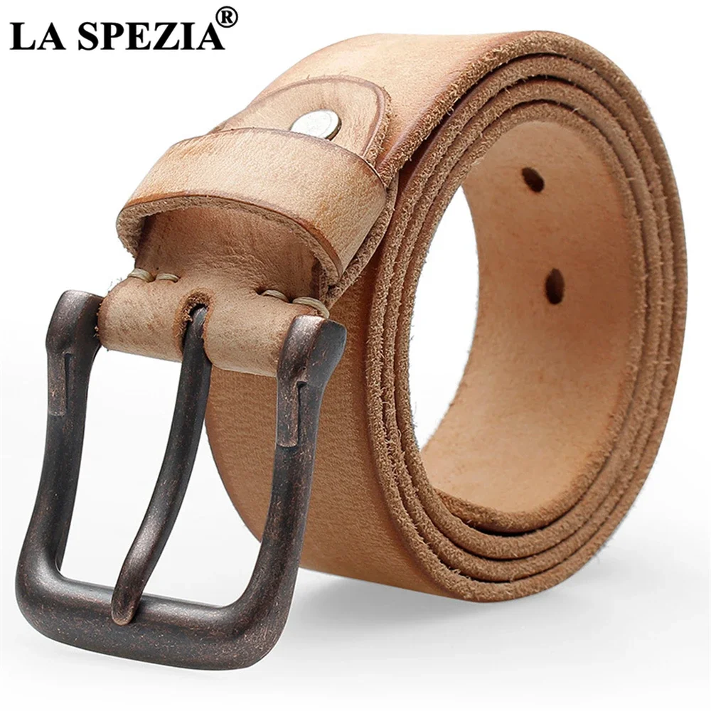 LA SPEZIA Camel Genuine Leather Belts for Men Casual High Quality Belt Male Italian Real Leather Cowskin Vintage Men Belt 125cm