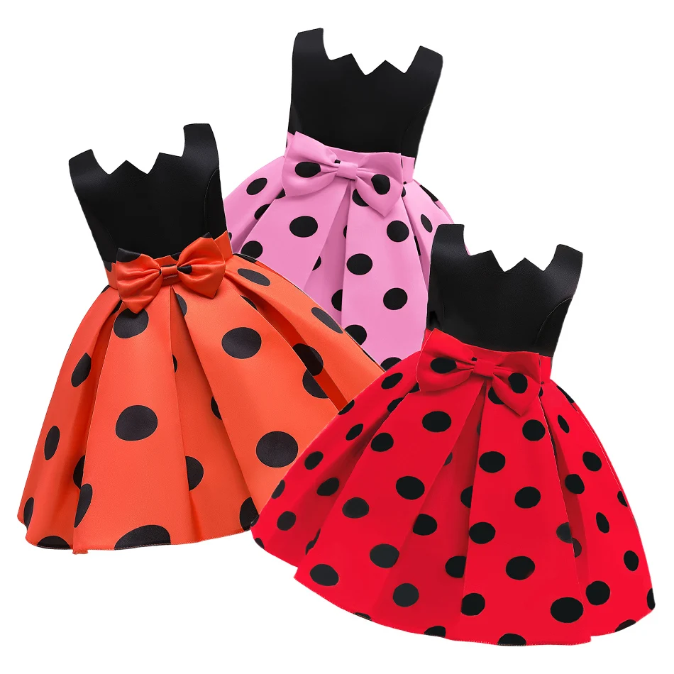 2024 Kids Night Gown Baby Sleeveless Formal Sundress Girls Princess Clothes Children Black Red Dots Dress Summer Evening Outfit