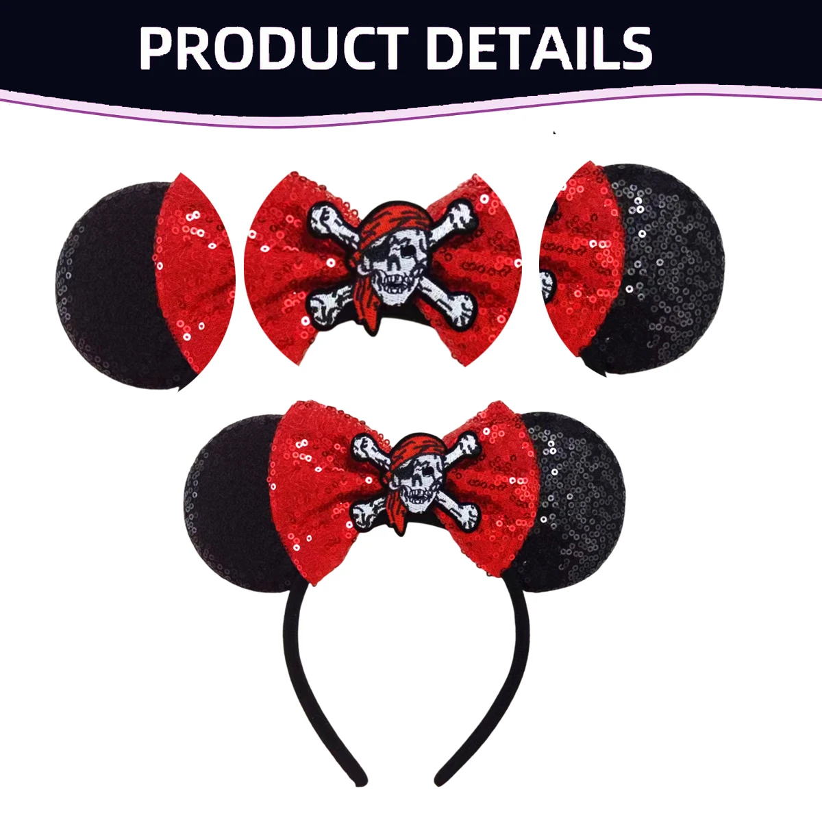 Skull Crossbones Pirate Mickey Mouse Ear Headband Bat Pumpkin Bow Halloween Hairband Festival Party Cosplay Hair Accessories