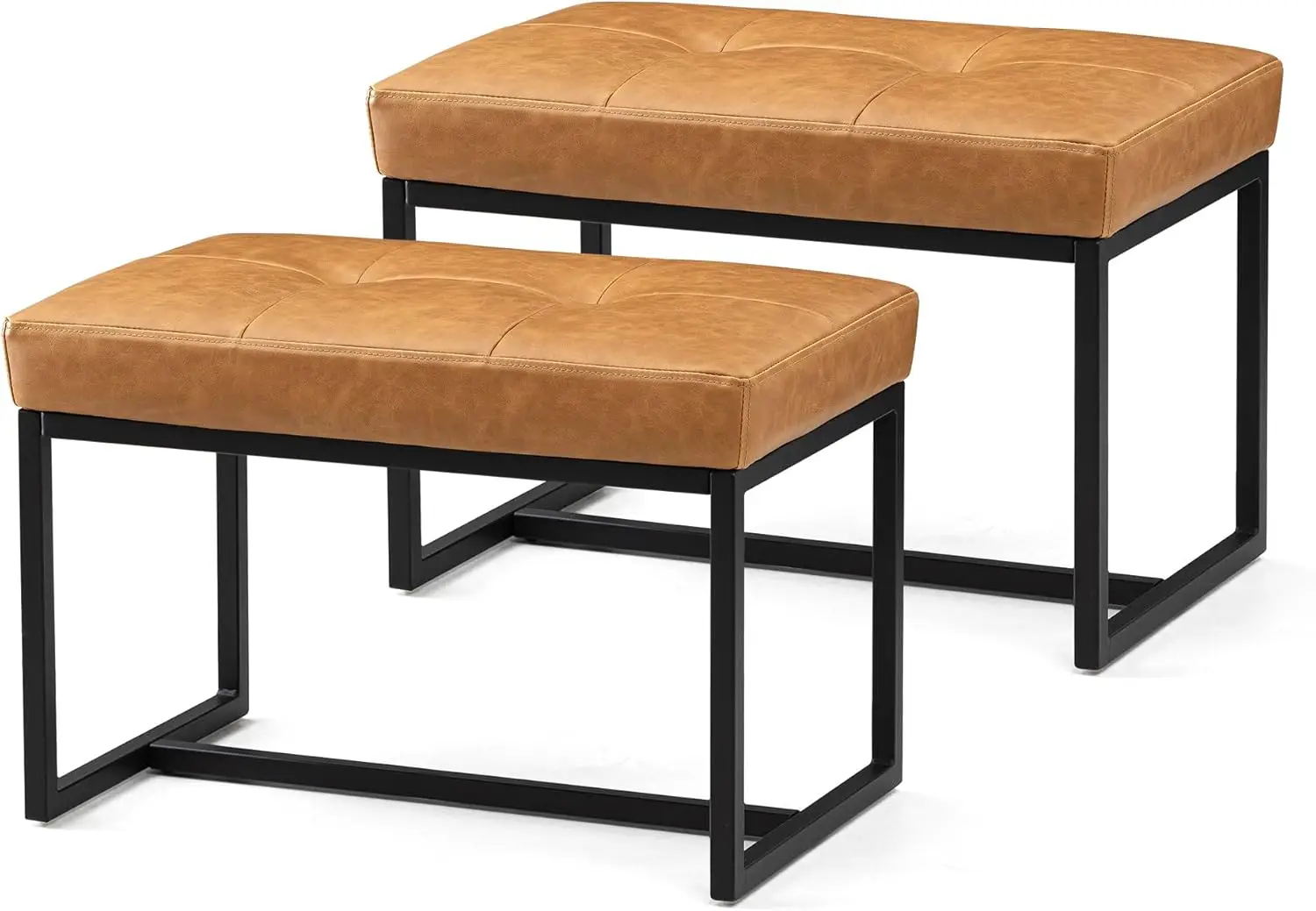 Ottoman Bench Pack of 2, Modern PU Leather Vanity Stools with Metal Frame, Light Brown