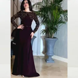 Customized Prom Gown For Women Scoop Collar Lace Full Sleeves A-line Floor-Length Sweep Train Evening Dresses فساتين للحفلات الر