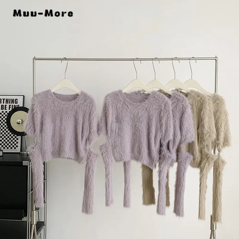 

2023 Women's Korean Fashion Solid Color Faux Mink Fur Crewneck Short Sleeve Hollow-carved Design Long Sleeve Knitwear Sweater