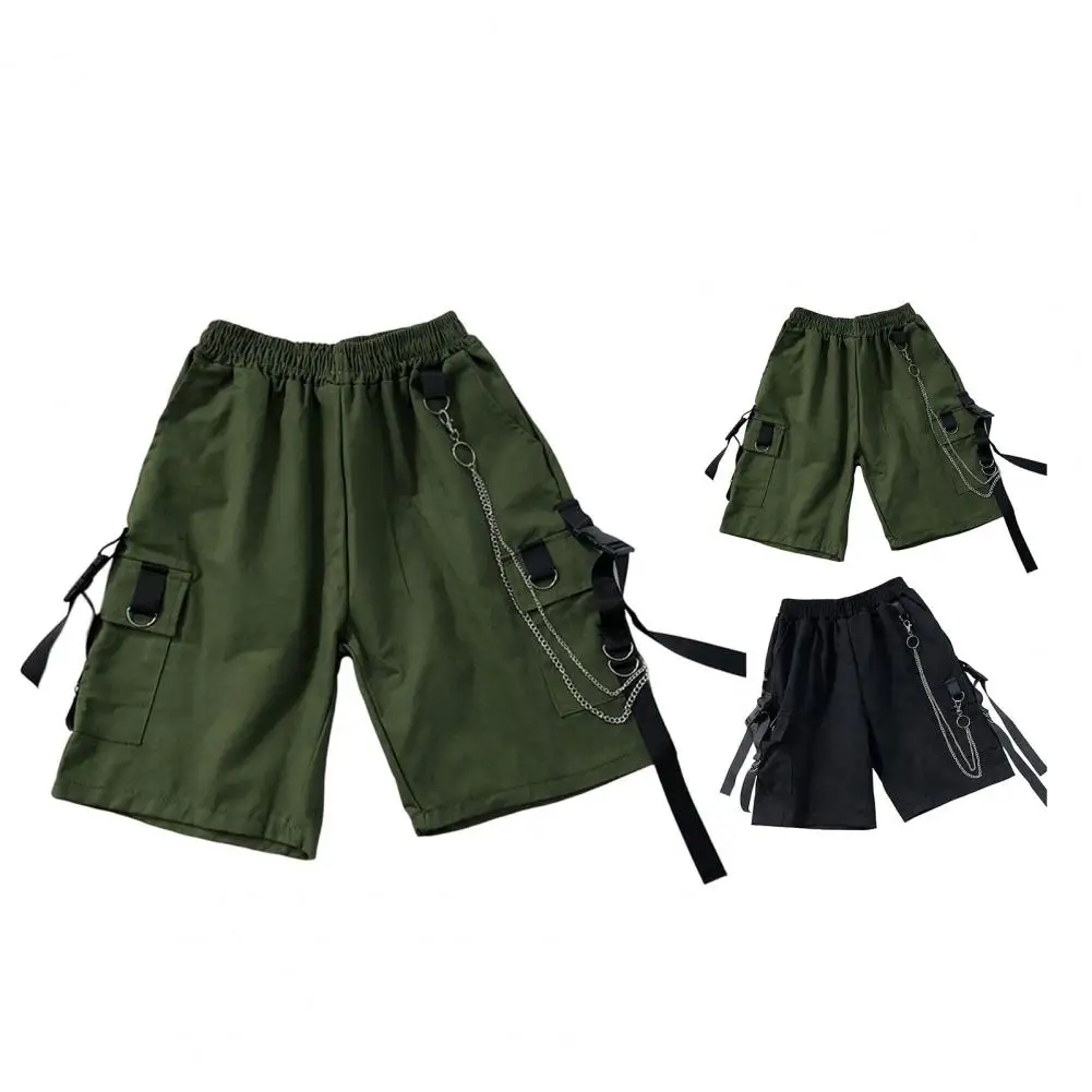 Men Shorts Multi Pockets Chain Strap Decor Casual Shorts Mid-Rise Elastic Waistband Male Shorts Knee Length Men Cargo Short