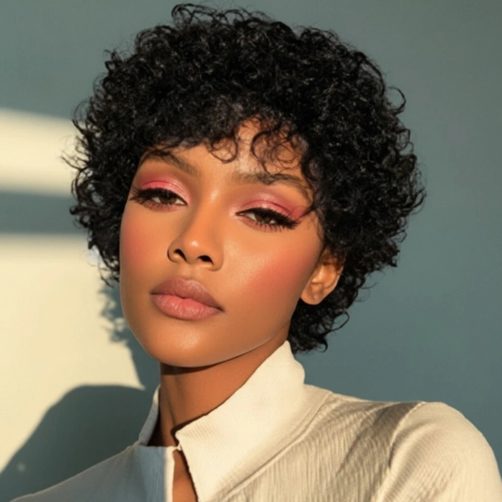 Wig Pixie Cut Keriting Pendek dari Rambut Manusia dengan Poni Pre Plucked untuk Wanita, Wig Buatan Mesin Bebas Kusut untuk Cosplay Sehari-hari