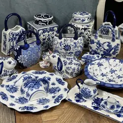 Chinese Style Blue and White Hand-painted Vase Flower Basket Flower Ware Rabbit Decoration Underglaze Color Tray Soup Bowl