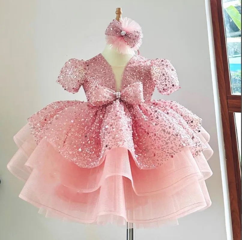 

Puffy Ruffled Girl Dress with Short Sleeve Kid Birthday Dress Pageant Gown Princess Party Dress 12M 24M Ceremony Headbow