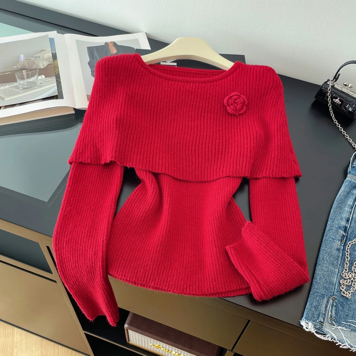 Women Apricot Pullover Sweater Vintage 2000s Jumper Knit Long Sleeves 3D Floral Cashmere Sweater For Women Spring Autumn Clothes