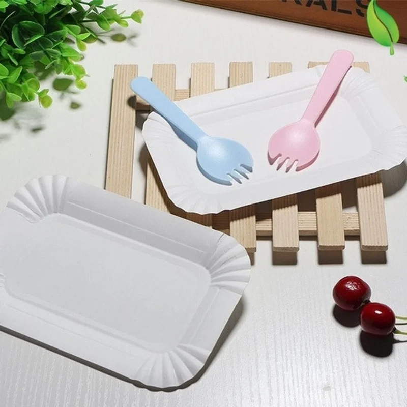 100Pcs Rectangular Cake Tray White Paper Plate Disposable Dinner Cake Tools