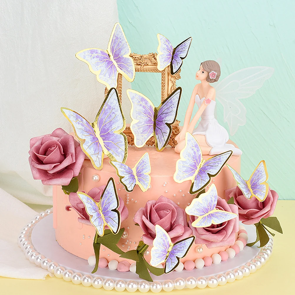 

66pcs Butterflies Inserts Pink Purple Decorations for Birthday Party Wedding Cake Pick Dessert Topper Props Cake Decor