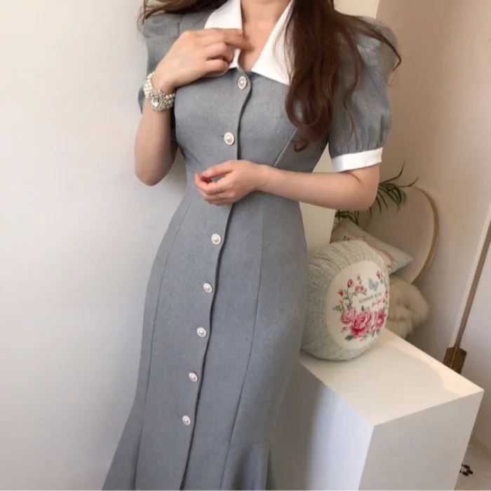 

Retro Pearl Button Fish Tail Patchwork Slim Fit Bubble Sleeve Dress Korean Style Women's Fashion Spring Autumn Winter Dress