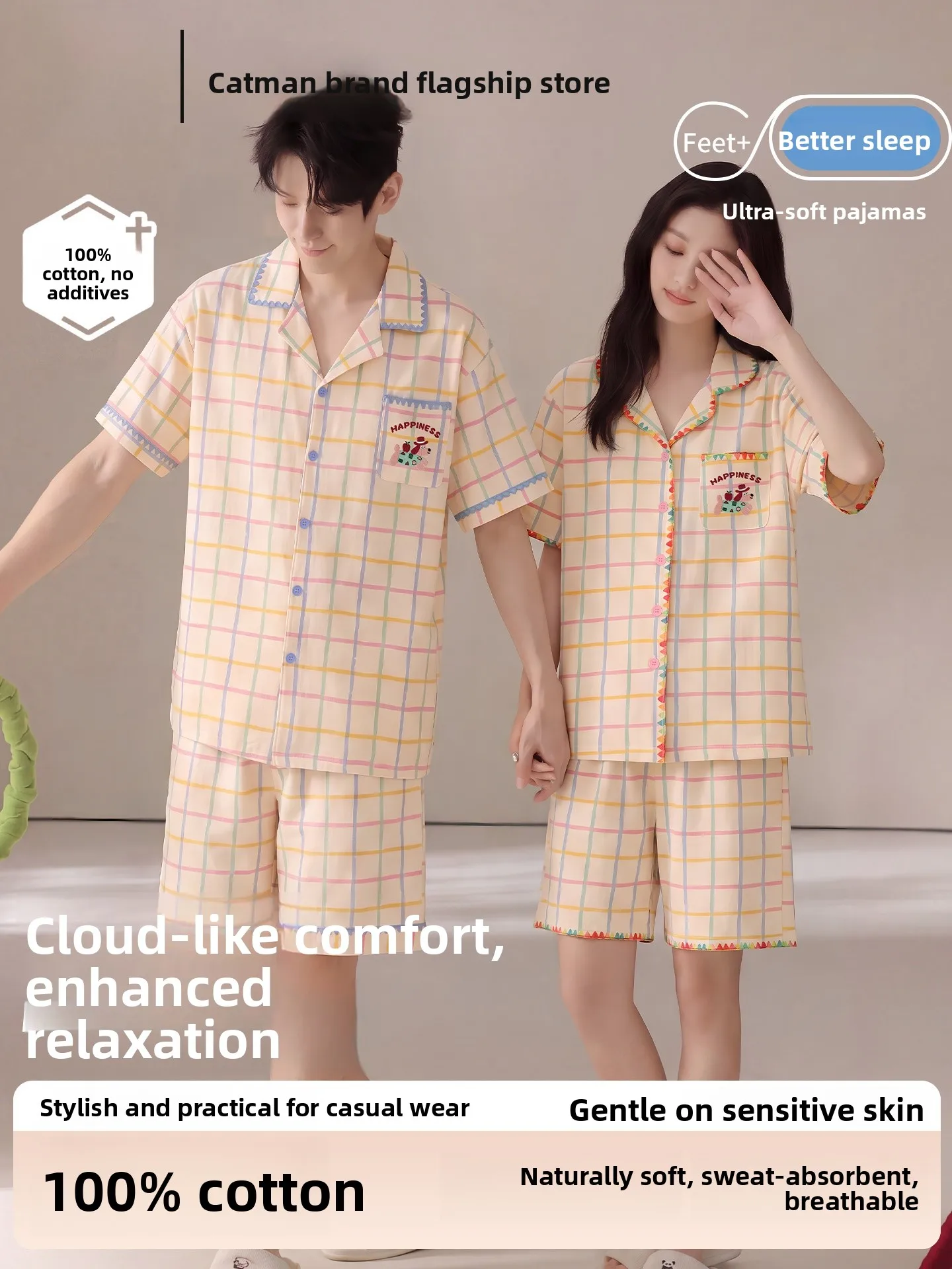 couples-summer-cotton-pajamas-short-sleeve-lightweight-soft-comfortable-breathable-men's-women's-home-clothes-set-cartoon-dog