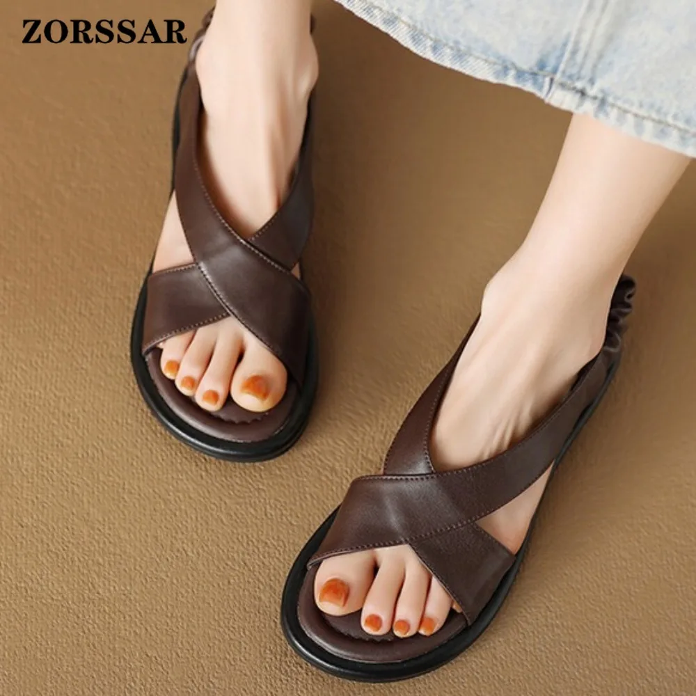 Women's Genuine Leather Crisscross Strap Flat Slingback Sandals Slippers with Elastic Back Open Toe Soft Summer Casual Shoes