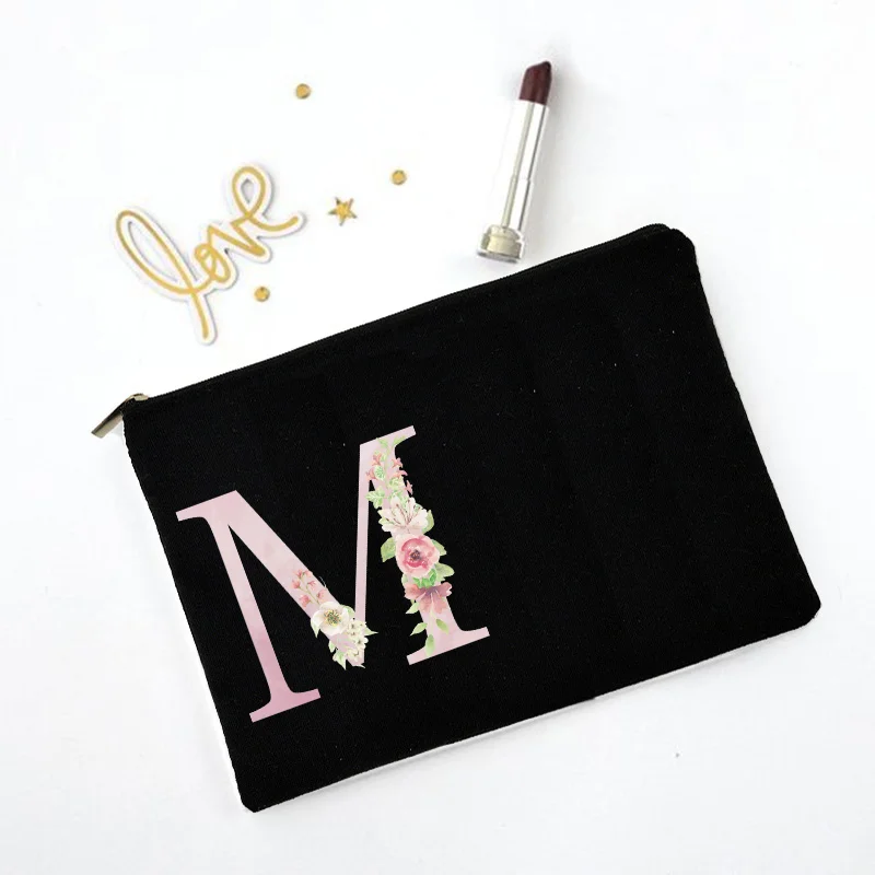 Estuches de cosméticos de lona con nombre personalizado para mujer, bolsa de maquillaje para despedida de soltera, regalo de boda, bolso de dama de honor negro, viaje Kawaii