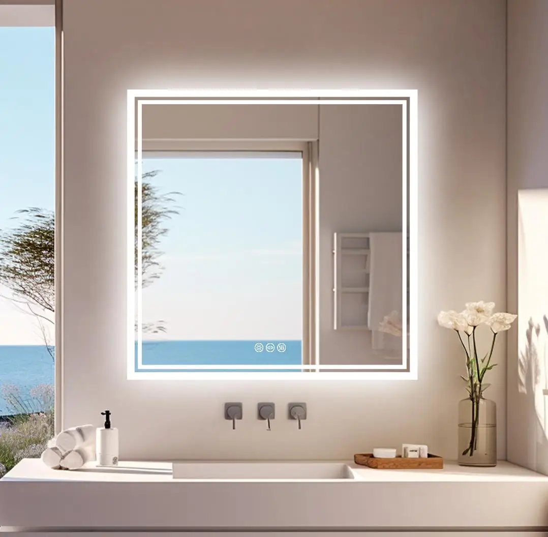 Square Backlit LED Mirror Dimmable Illuminated Bathroom Vanity Mirrors Anti-fog 3500K-6500K Smart Memory