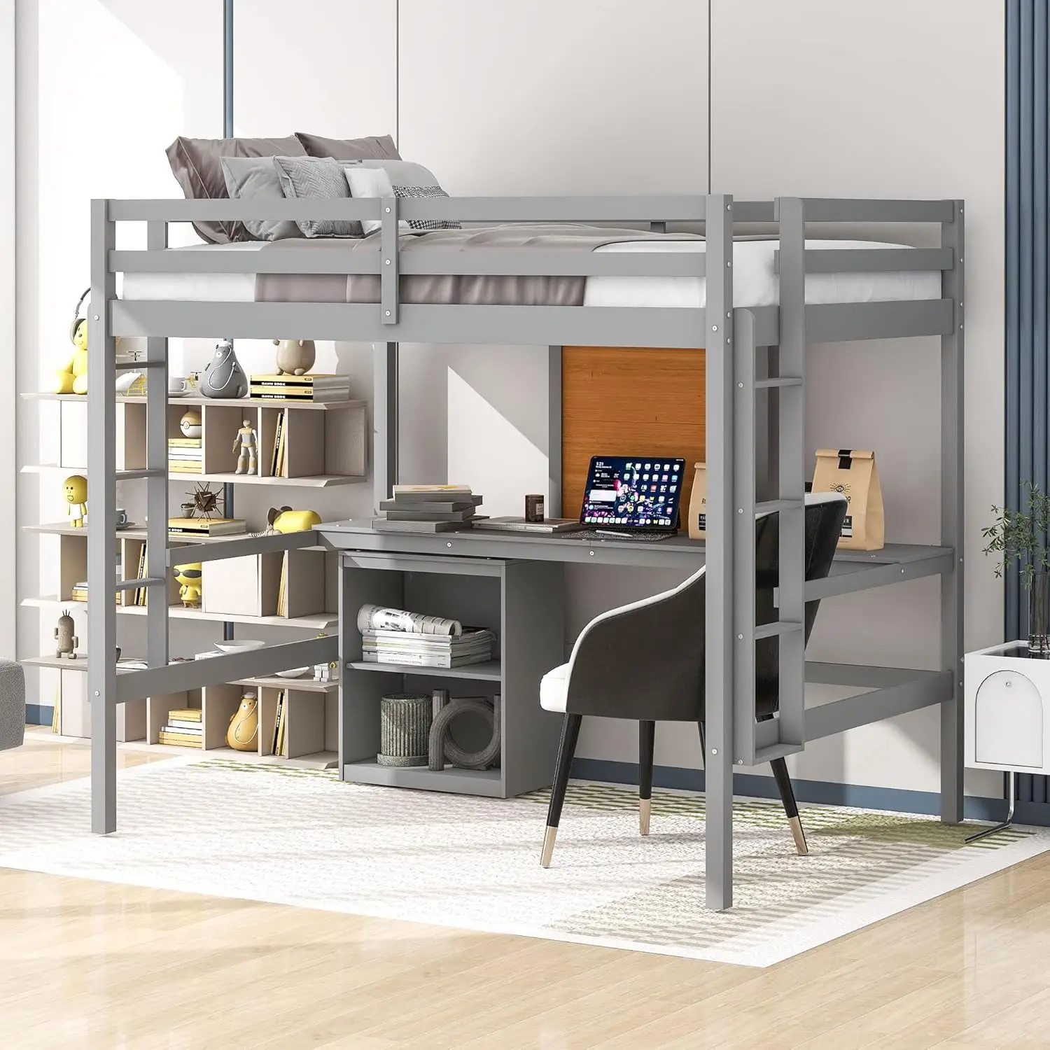 Full Size Loft Bed With Desk And Writing Board, Wooden Loft Bed Frame With 2 Built-In Ladder And Guardrails For Kids Teens