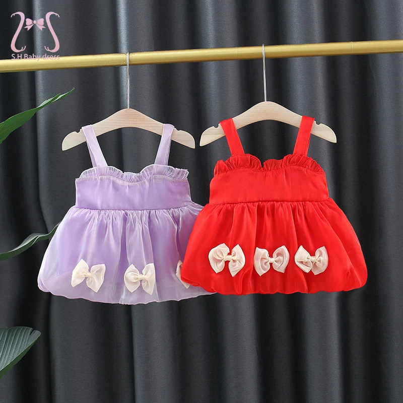 

Baby Girl Children's Clothes Summer Solid Color Bow Sling Twilight Cloud Yarn Party Princess Dress Light Breathable Kids Costume