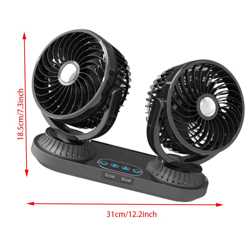 12V 24V Car Dual Heads Fan Portable USB Powered Electric Air Cooling Fan 360 Degree Rotatable Dual Head 3 Speed Seat Fan For SUV