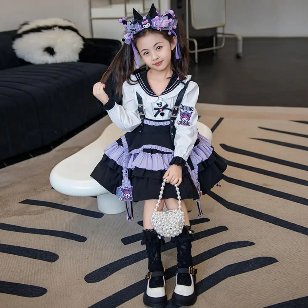 Girls Lolita Pleated Anime Sanrios Kuromi Y2K Jk Skirt Shirt Kawaii Cute Long Sleeve suspender skirt spring children Dress Gift