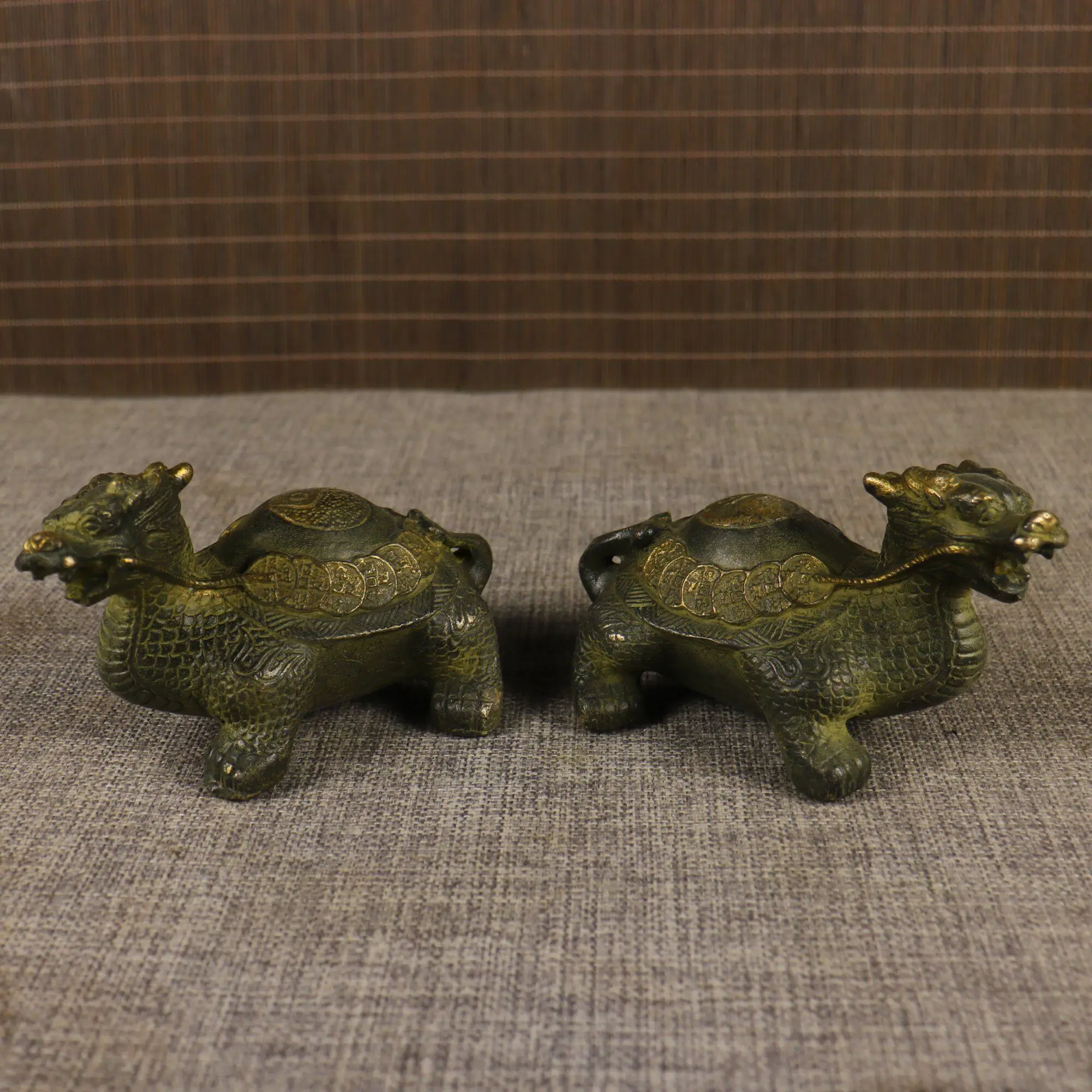 Chinesische Feng Shui Vintage Messing Drachen-Schildkröten-Paar Glücksbringer für Zuhause und Geschäft Dekoration